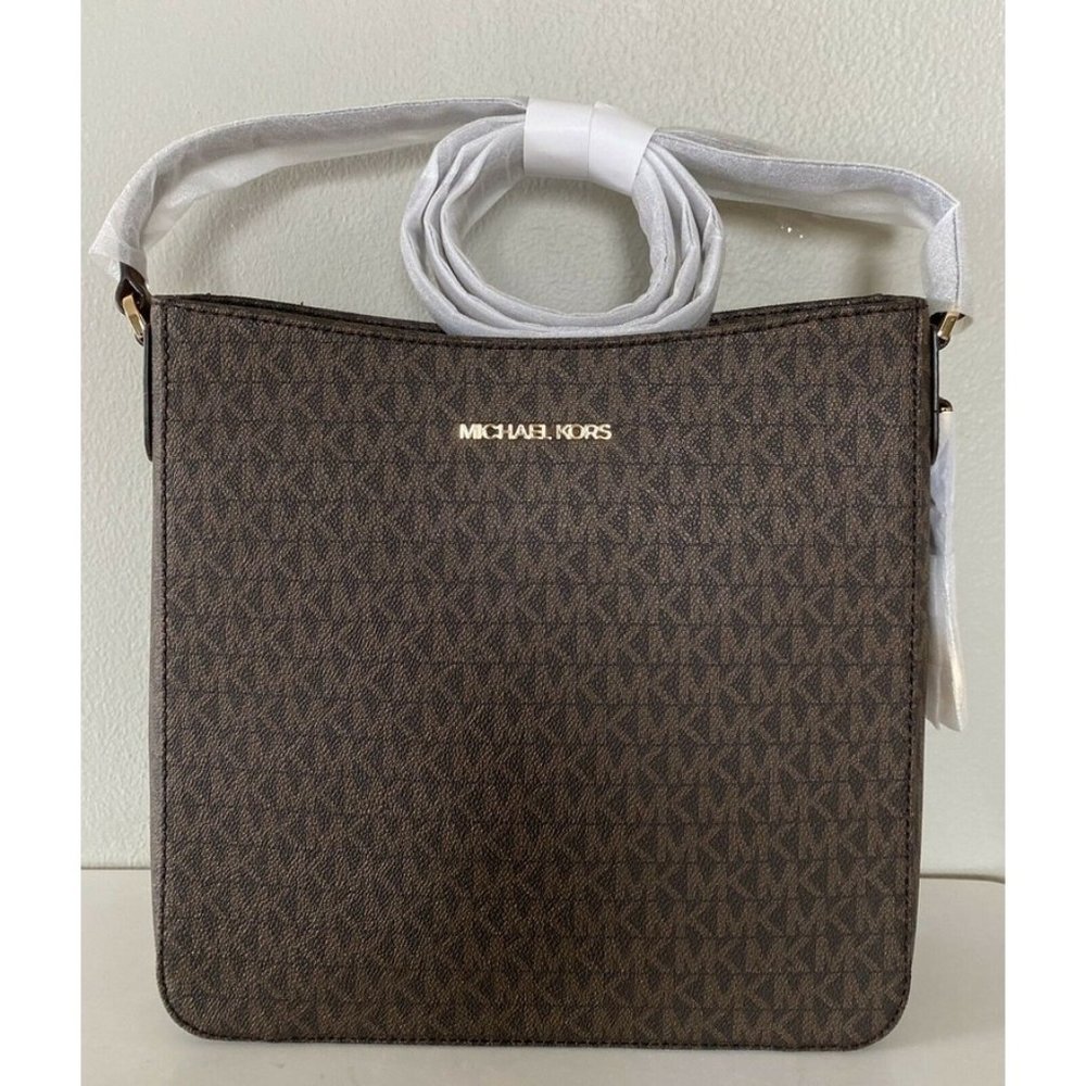 Michael Kors Jet Set Travel Brown PVC MK Signature Large Messenger Bag Handbag